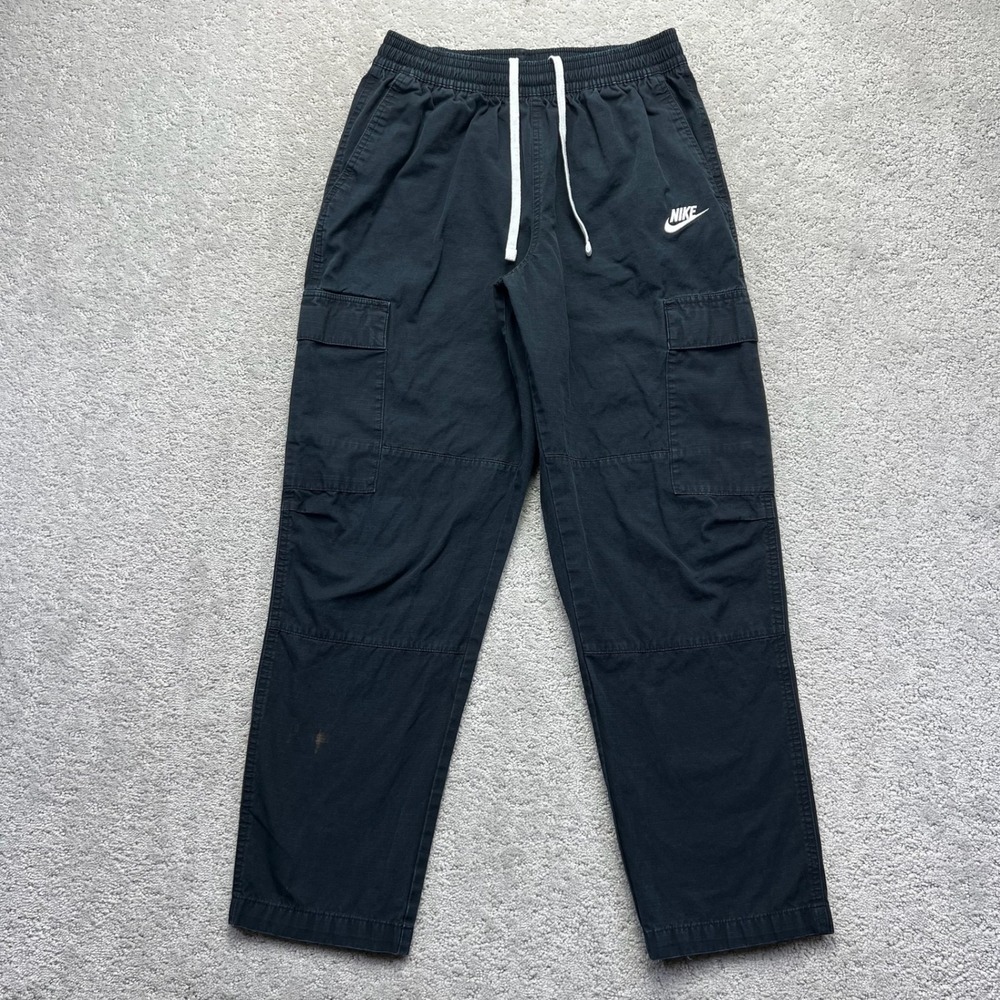 Nike Cargo Pants Mens Small Black Ripstop Embroidered Logo Drawstring Waist